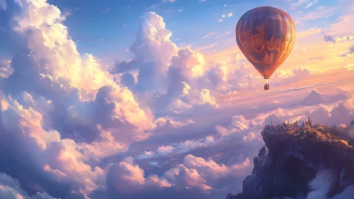 Hot air balloon drifts above sunlit cloud kingdom.