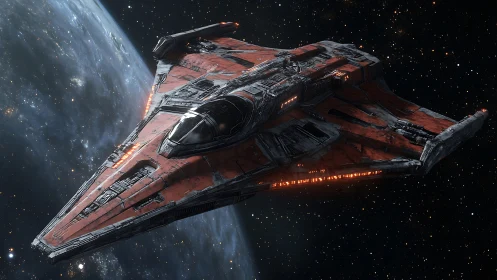 Red triangular starship cruising past blue planet in space.