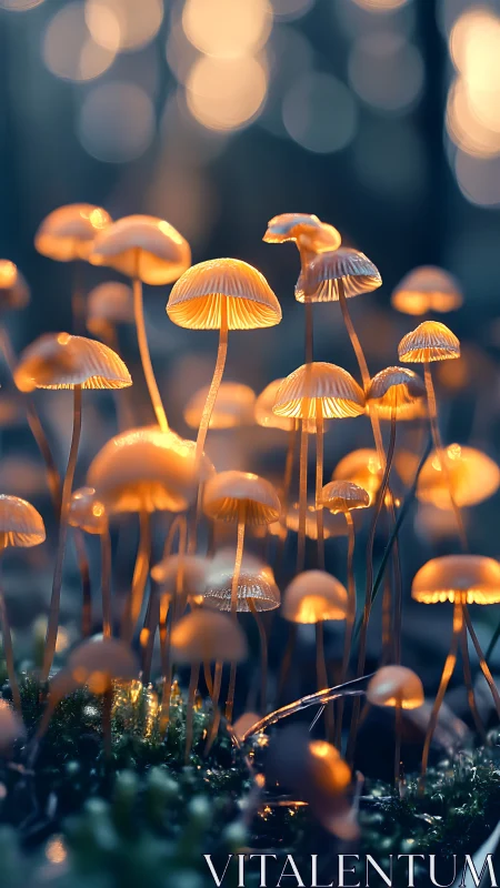 Glowing forest mushrooms illuminate damp mossy woodland floor