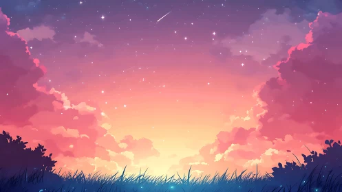 Twilight meadow dreaming beneath candy clouds and comet-kissed sky.