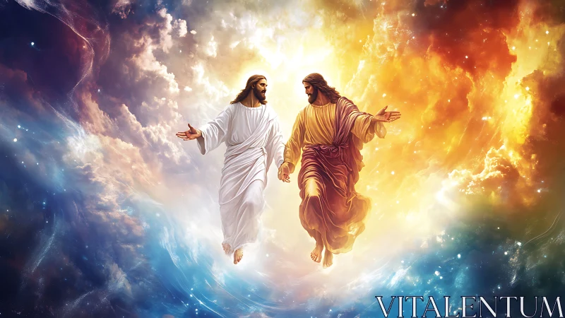 Bifurcated celestial figures within chromatic nebular radiance.