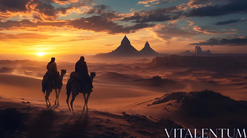 Sunset caravans drift toward mythic desert pyramids.