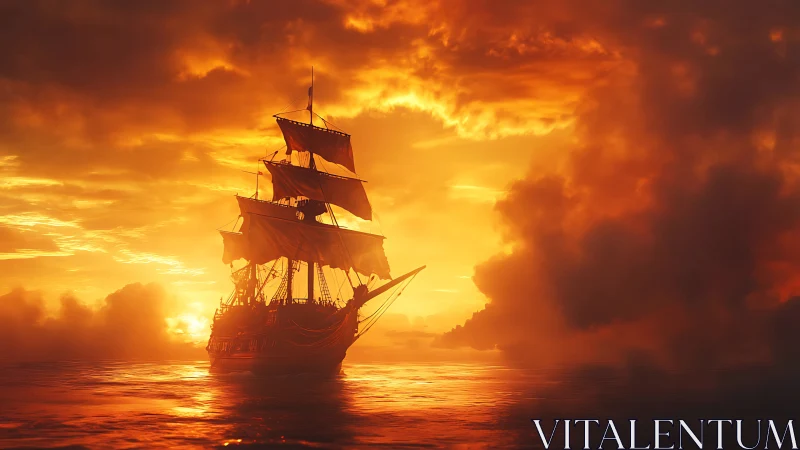 Sailing ship silhouette against dense orange sunset sky.