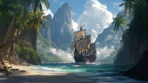 Sailing vessel navigating tropical waterway between vertical rock formations.