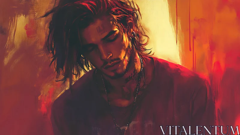 Brooding young man in red light with intense moody energy.