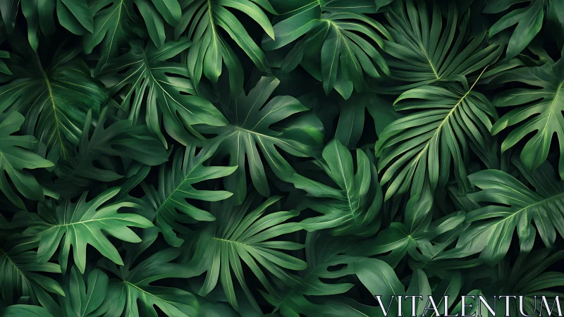 Dense overlapping tropical foliage with deep green tones.