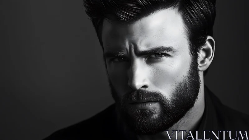 Moody monochrome portrait of intense bearded man.