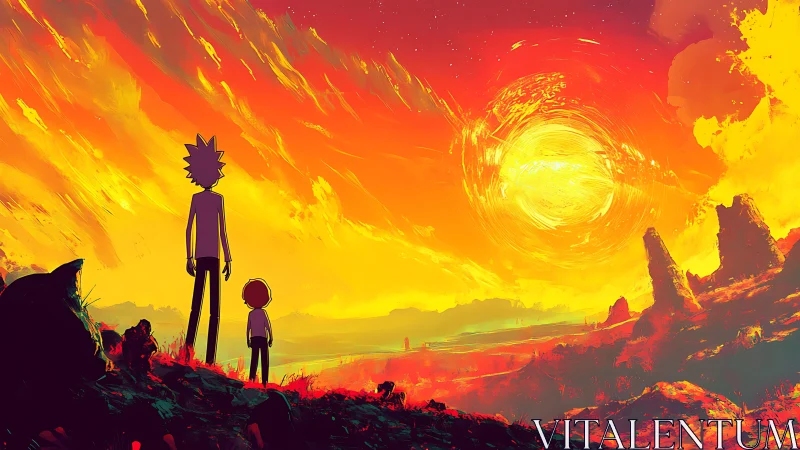 Two friends share a glowing sunset on an alien horizon.