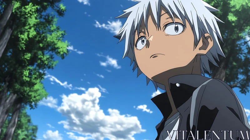Silver-haired anime youth under expansive summer sky.