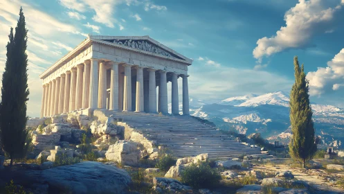 Ancient Greek temple stands over sunlit rocky hillside.