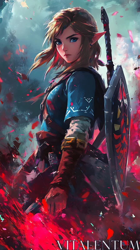 Elf warrior stands in red energy storm with shield raised