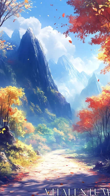 Sunlit mountain path slips into a dream of painted autumn