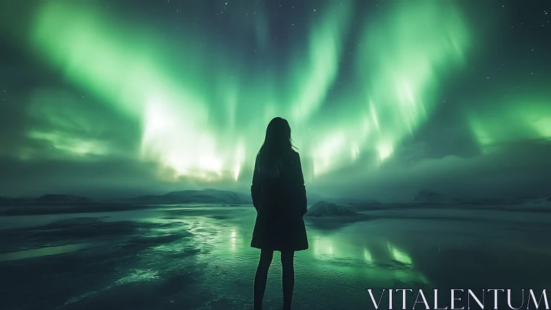 Quiet night under shimmering green northern lights.