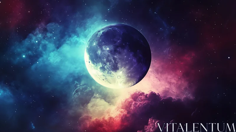 Luminous planet framed by nebula clouds in deep cosmos.