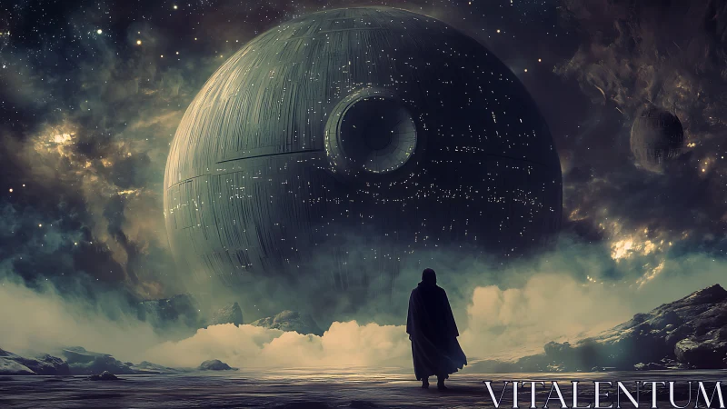 Hooded figure studies colossal orbital battle station at dusk