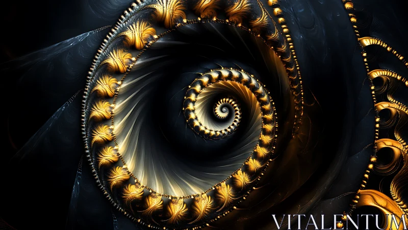 Golden fractal spiral with luminous baroque shell motifs.