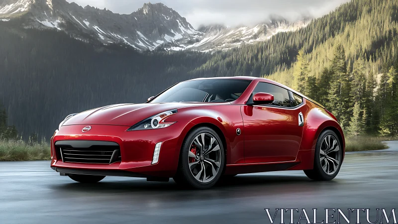 Crimson sports coupe glides confidently past quiet mountain pines