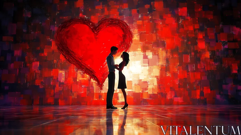 Silhouetted couple embracing beneath luminous digital heart.