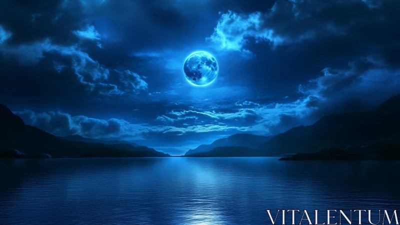 Luminous blue moon hangs over tranquil midnight lake scene.