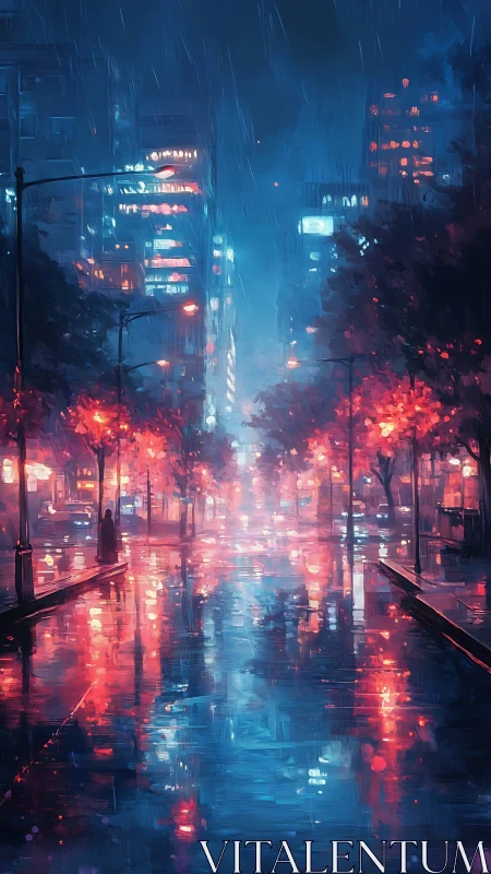 Neon city street glows through midnight rain reflections.