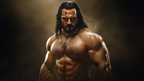 Cinematic low key portrait of muscular warrior under rim light.