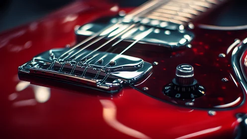 Close view of red electric guitar bridge hardware detail.