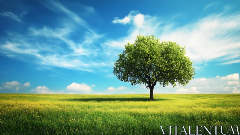 Lone green tree in sunny field, vibrant landscape photography style.