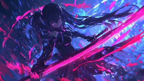 Neon katana warrior in dynamic blue and magenta combat scene.