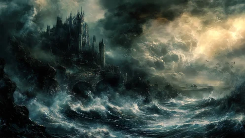 Storm-lashed gothic fortress on a dark, turbulent coast.
