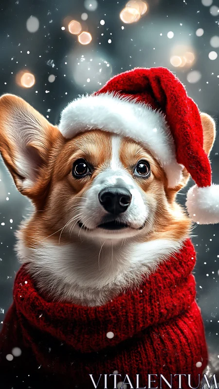 High-detail corgi portrait in red knit sweater and Santa hat