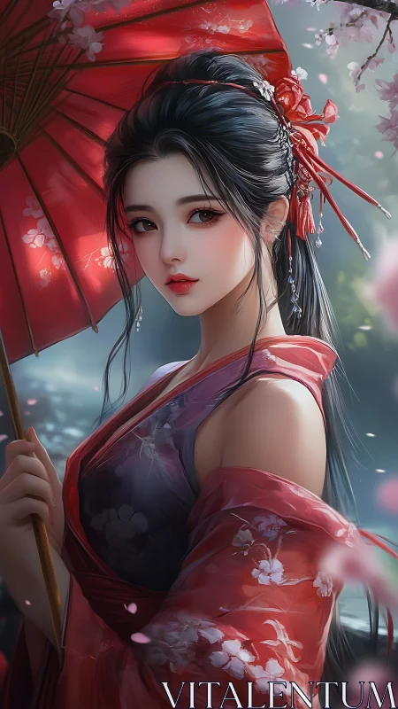 Red parasol gathers spring light around serene gaze