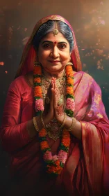 Elderly Indian woman greets with namaste in festive saree