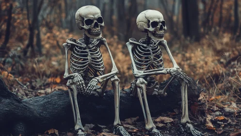 Twin skeletal figures resting on log in misty autumn forest.