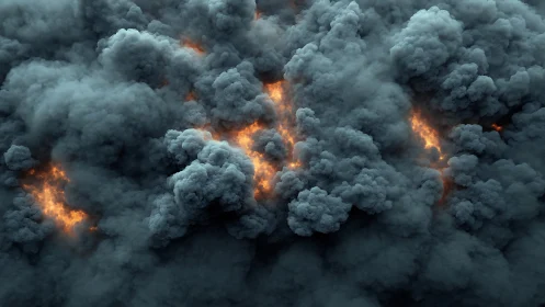 Volcanic smoke plumes illuminated by searing inner fire.