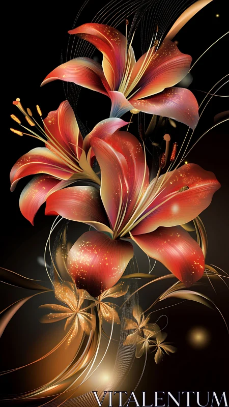 Digital Illustration of Red and Gold Lilies Against Black Background