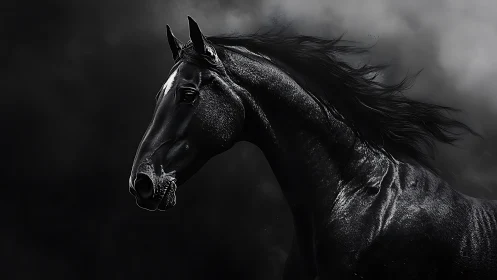 Black horse profile against dark atmospheric background.