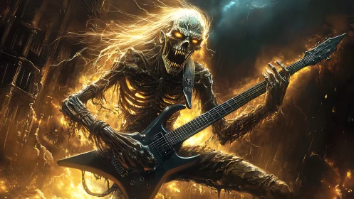 Flaming skeletal guitarist shredding in a fiery inferno.