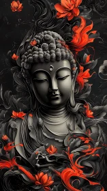 Serene Buddha wrapped in swirling charcoal and ember blooms.