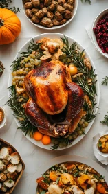 Roast turkey centerpiece with sides on festive table.