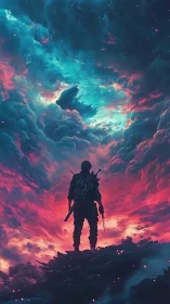 Silhouetted armed figure stands beneath vivid turbulent clouds