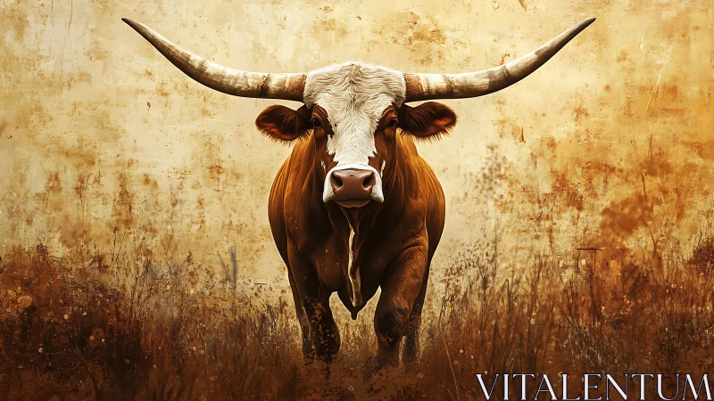 Longhorn bull charges through sepia-toned prairie field.