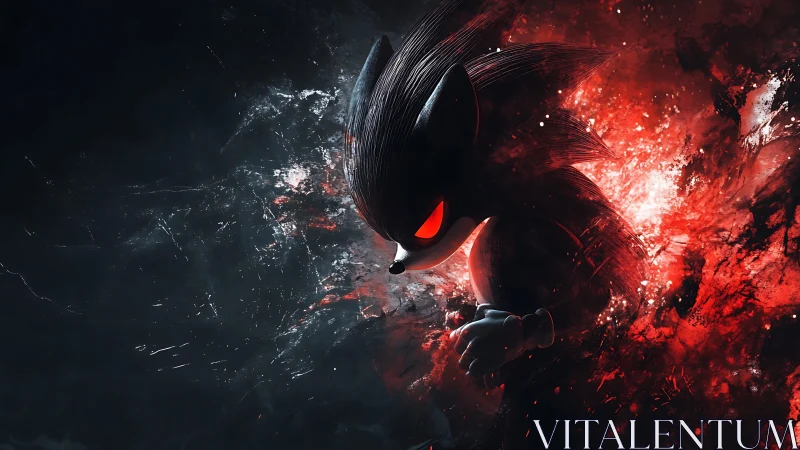 Shadowy speedster bursting through storms of blazing red.