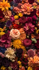 Dense Floral Arrangement With Varied Bloom Types and Warm Color Distribution