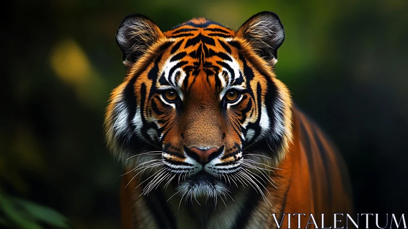 Tiger portrait with intense gaze in dark green forest.