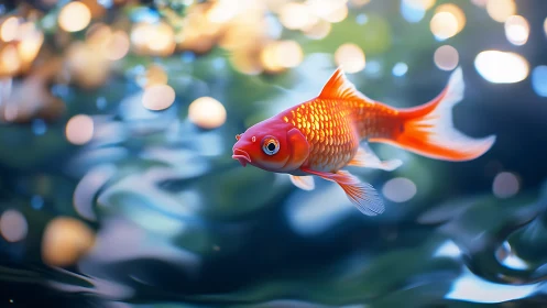 Photorealistic koi study with bokeh-rich aquatic environment.