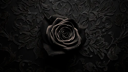 Black Rose on Ornate Baroque Textile Background.