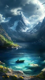 Solitary fisher beneath thunder-bright glacier crowns.