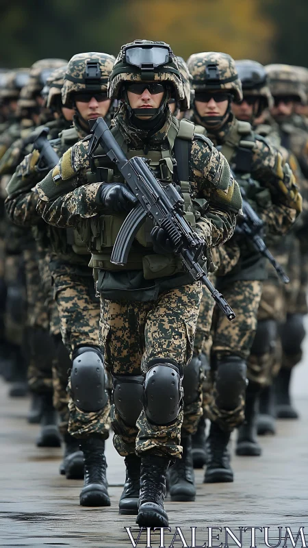 Armored infantry column advances in steely urban formation.
