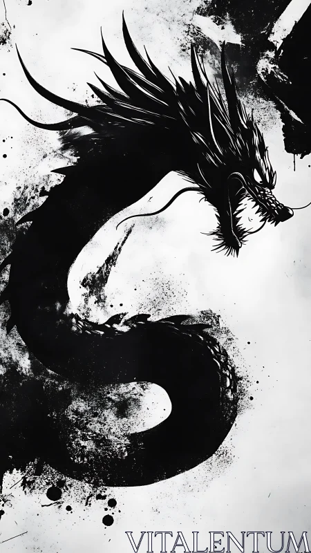 Ink dragon silhouette coils through dense black splatter