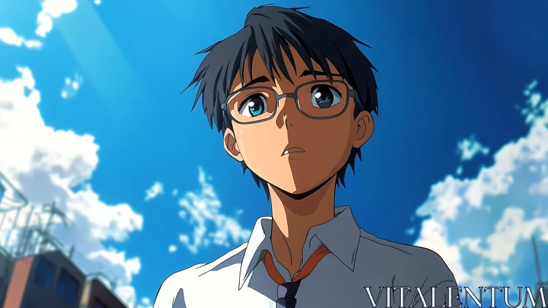 Anime schoolboy gazes upward under vivid blue sky
